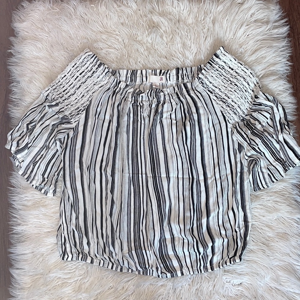 So Juniors Black and White Striped Off the Shoulder Top